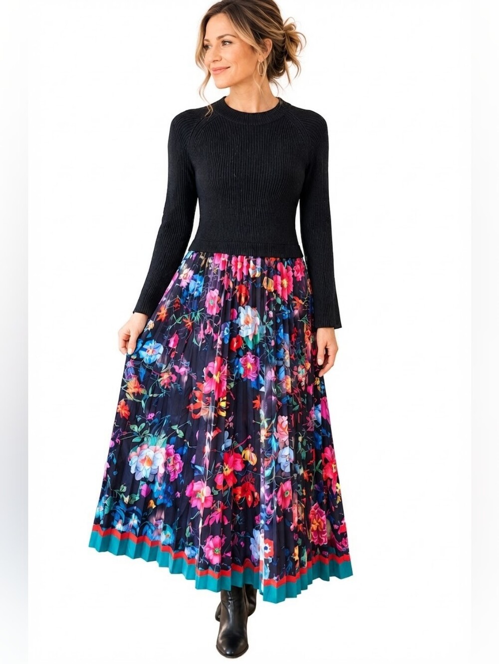 Dalia Macphee Floral Pleated Midi Dress Black Knit Ribbed Bodice Fall Wedding